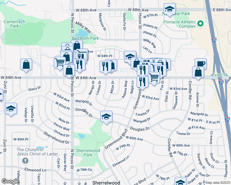 map of restaurants, bars, coffee shops, grocery stores, and more near 8315 Mitze Way in Denver