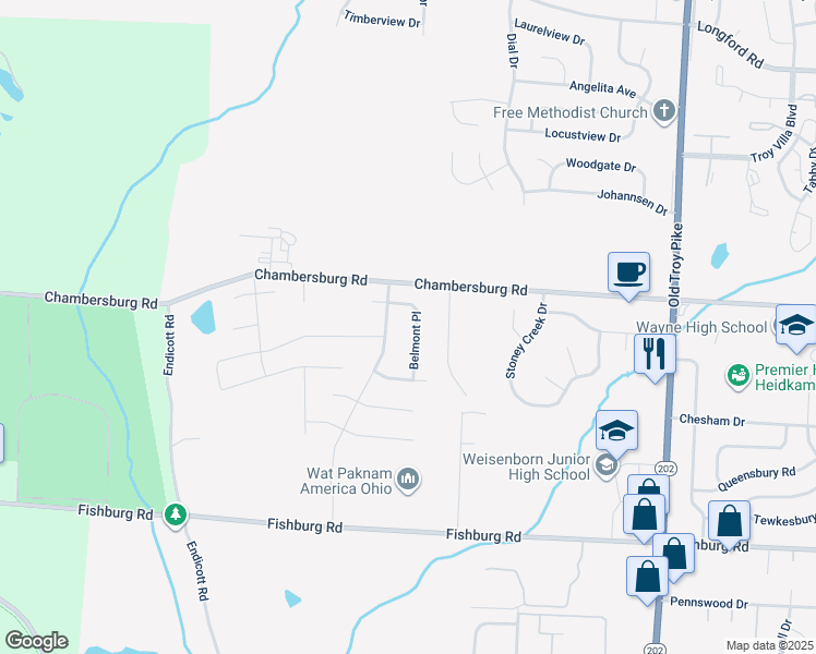 map of restaurants, bars, coffee shops, grocery stores, and more near 4770 Belmont Place in Huber Heights