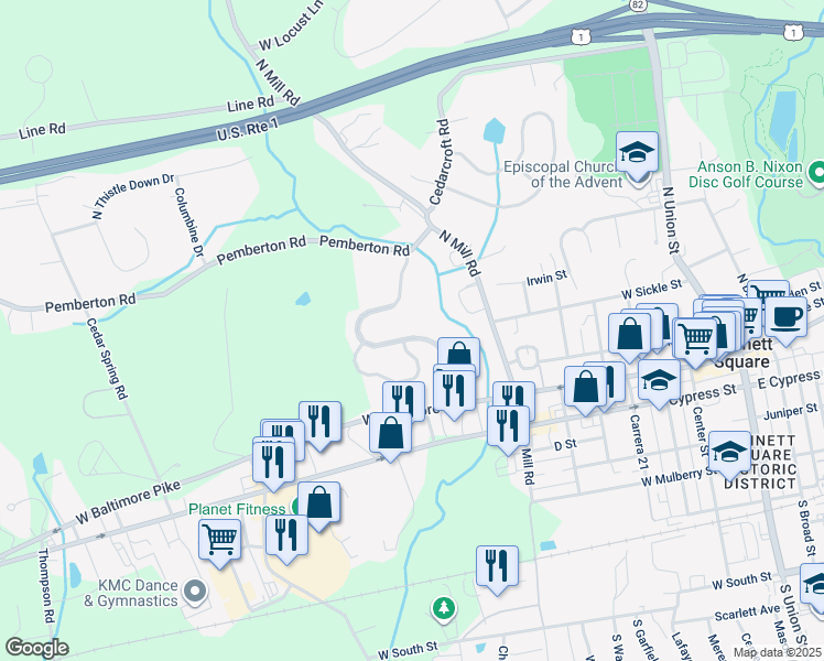 map of restaurants, bars, coffee shops, grocery stores, and more near 126 Penns Manor Drive in Kennett Square