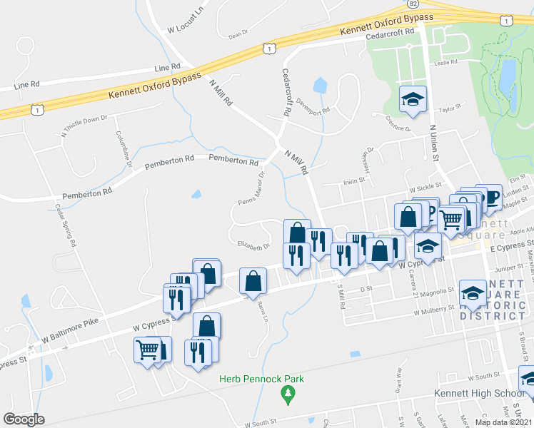 map of restaurants, bars, coffee shops, grocery stores, and more near 126 Penns Manor Dr in Kennett Square