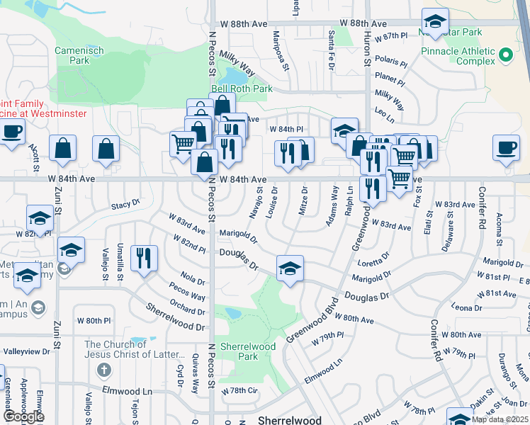 map of restaurants, bars, coffee shops, grocery stores, and more near 8311 Louise Drive in Denver