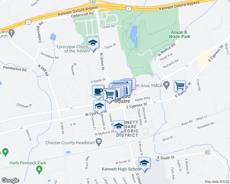 map of restaurants, bars, coffee shops, grocery stores, and more near 200 North Union Street in Kennett Square