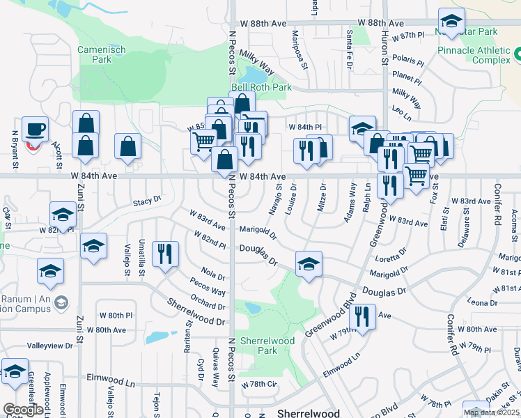 map of restaurants, bars, coffee shops, grocery stores, and more near 8324 Charlotte Way in Denver