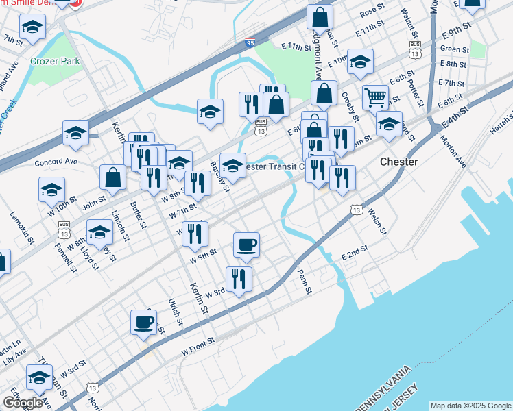 map of restaurants, bars, coffee shops, grocery stores, and more near 212 Patterson Street in Chester