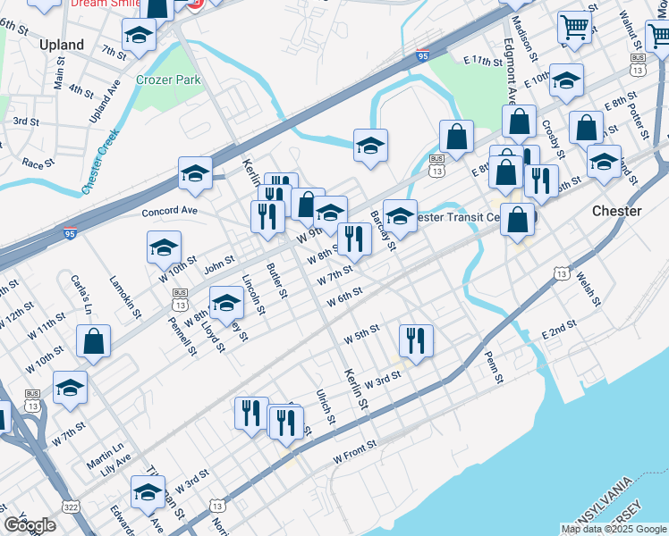 map of restaurants, bars, coffee shops, grocery stores, and more near 514 West 7th Street in Chester