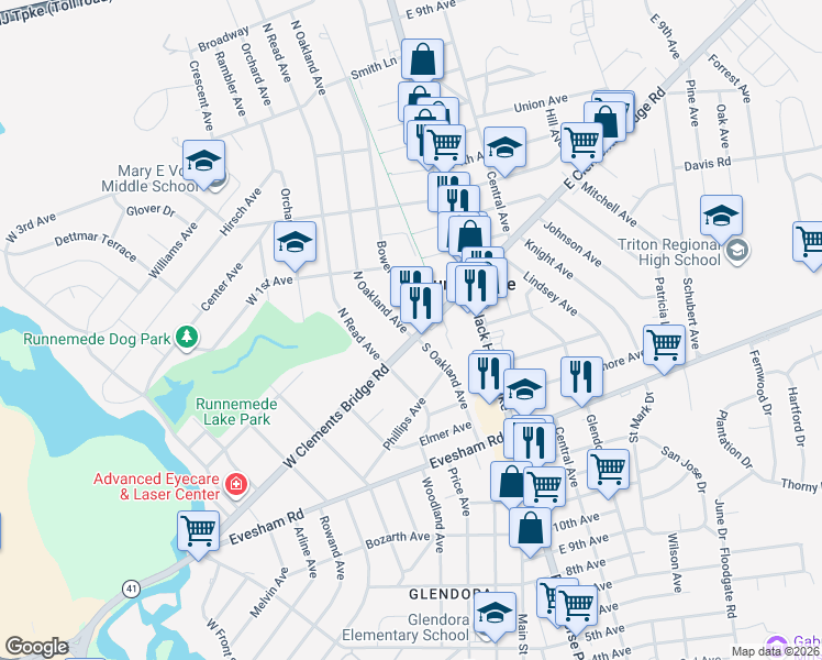 map of restaurants, bars, coffee shops, grocery stores, and more near 127 West Clements Bridge Road in Runnemede