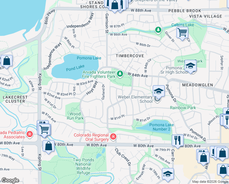 map of restaurants, bars, coffee shops, grocery stores, and more near 8314 Field Court in Arvada