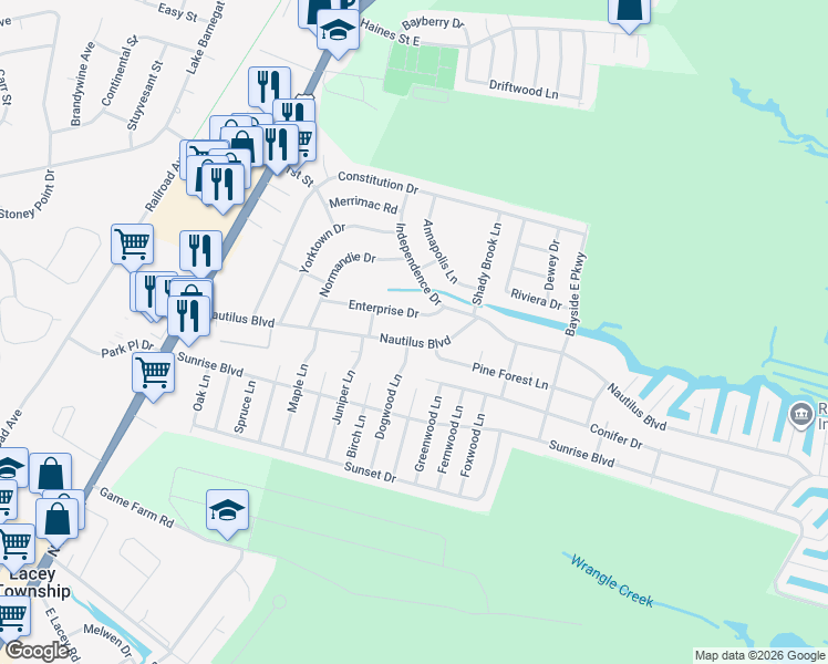 map of restaurants, bars, coffee shops, grocery stores, and more near 214 Nautilus Boulevard in Lacey Township
