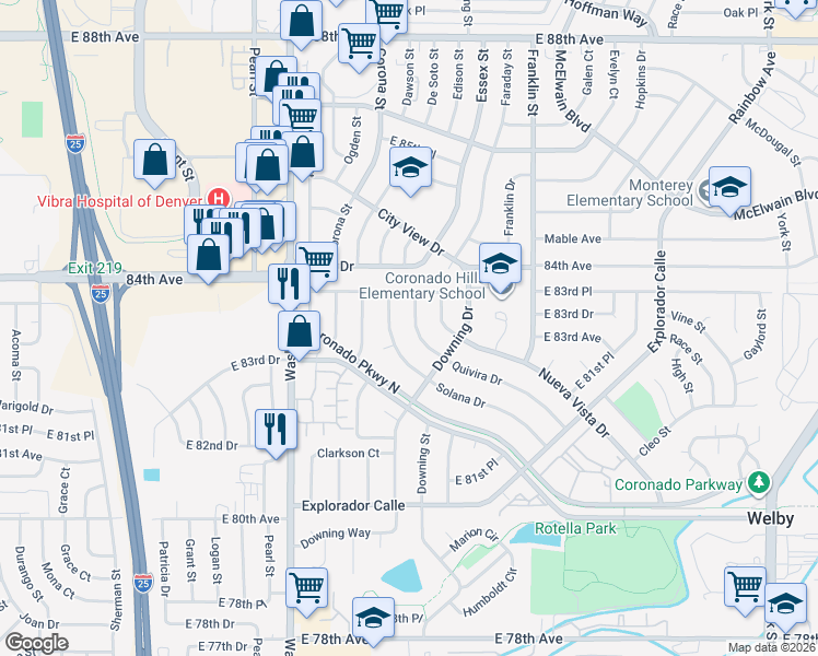 map of restaurants, bars, coffee shops, grocery stores, and more near 8321 Quivira Dr in Denver