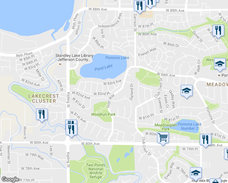 map of restaurants, bars, coffee shops, grocery stores, and more near 9630 West 82nd Place in Arvada