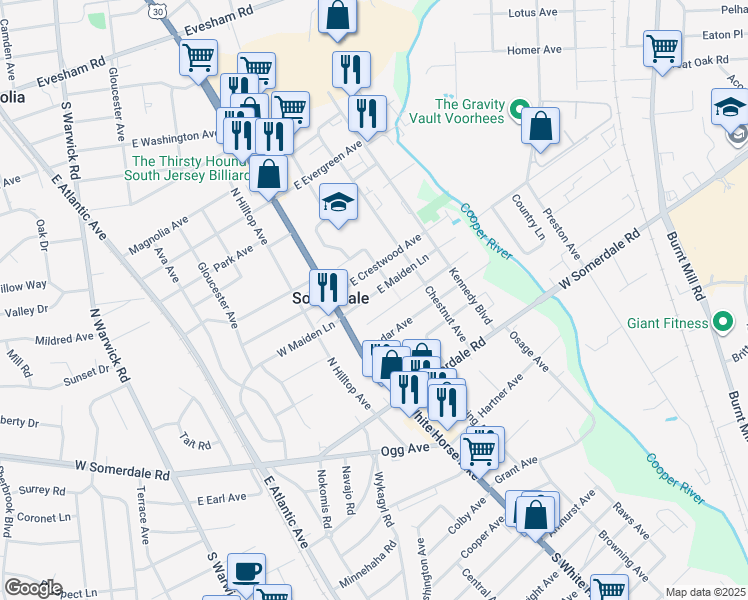 map of restaurants, bars, coffee shops, grocery stores, and more near 17 East Maiden Lane in Somerdale