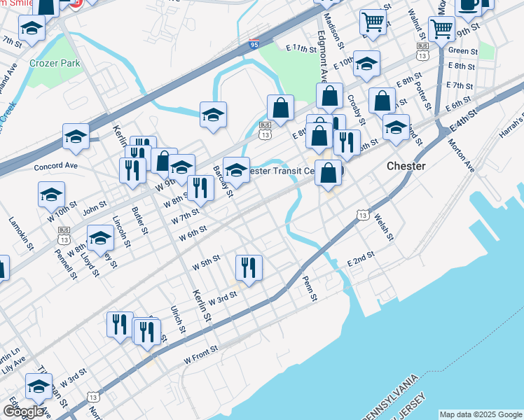 map of restaurants, bars, coffee shops, grocery stores, and more near 208 Patterson Street in Chester