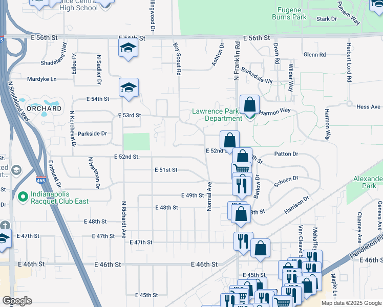 map of restaurants, bars, coffee shops, grocery stores, and more near 7826 East 52nd Street in Indianapolis