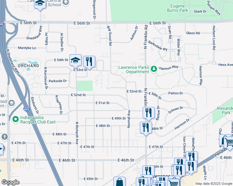 map of restaurants, bars, coffee shops, grocery stores, and more near 7826 East 52nd Street in Indianapolis