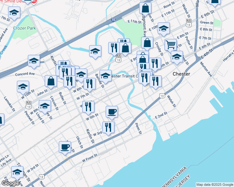 map of restaurants, bars, coffee shops, grocery stores, and more near 208 Patterson Street in Chester