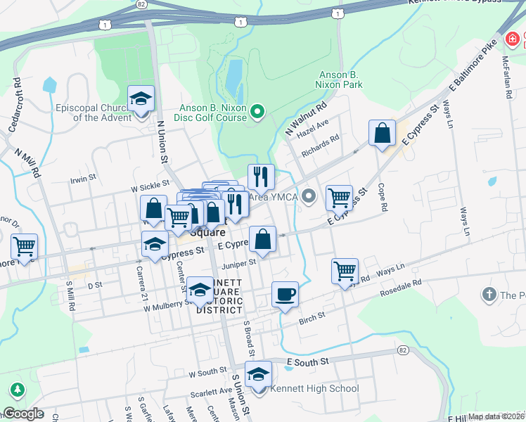 map of restaurants, bars, coffee shops, grocery stores, and more near 320 State Street in Kennett Square