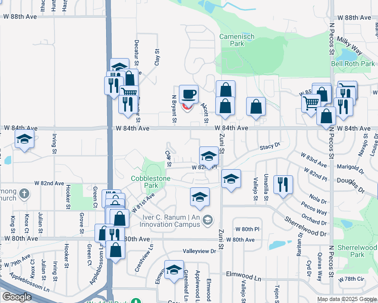 map of restaurants, bars, coffee shops, grocery stores, and more near 2590 West 83rd Way in Westminster