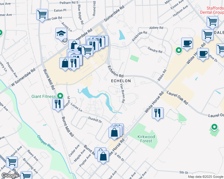 map of restaurants, bars, coffee shops, grocery stores, and more near 1001 Van Buren Road in Voorhees Township