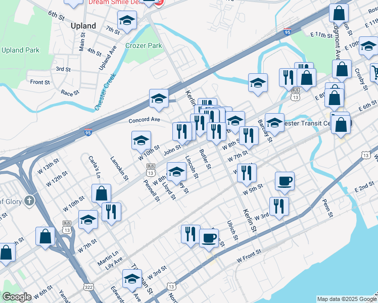 map of restaurants, bars, coffee shops, grocery stores, and more near 827-829 West 9th Street in Chester