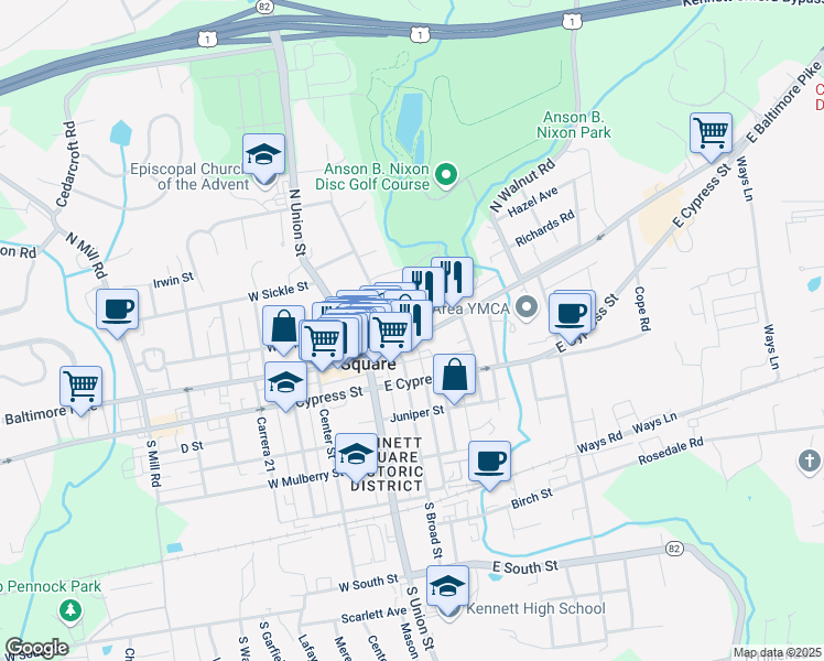 map of restaurants, bars, coffee shops, grocery stores, and more near 231 State Street in Kennett Square