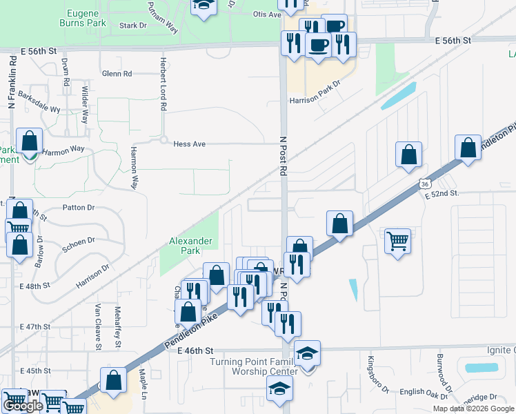 map of restaurants, bars, coffee shops, grocery stores, and more near 8886 Brigadier Drive in Lawrence