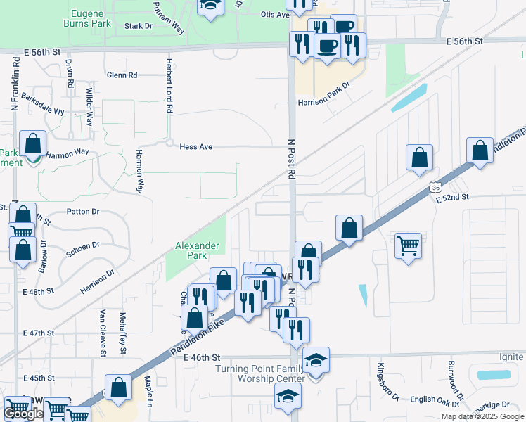 map of restaurants, bars, coffee shops, grocery stores, and more near 8886 Brigadier Drive in Lawrence