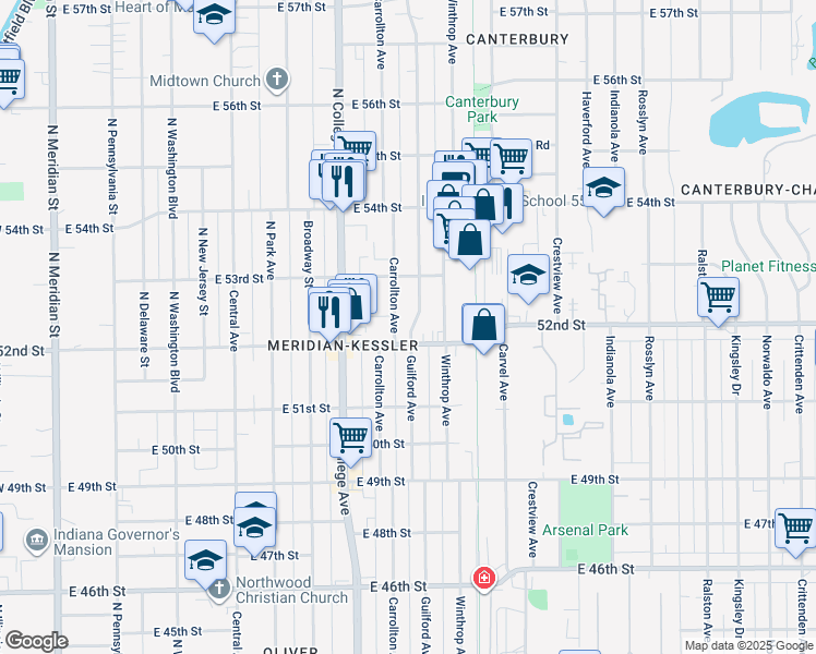 map of restaurants, bars, coffee shops, grocery stores, and more near 5225 Carrollton Avenue in Indianapolis