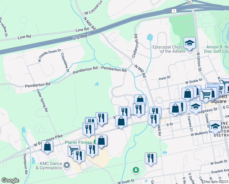 map of restaurants, bars, coffee shops, grocery stores, and more near 162 Penns Manor Drive in Kennett Square