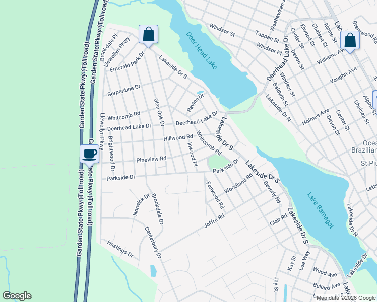 map of restaurants, bars, coffee shops, grocery stores, and more near 1764 Pineview Road in Lacey Township