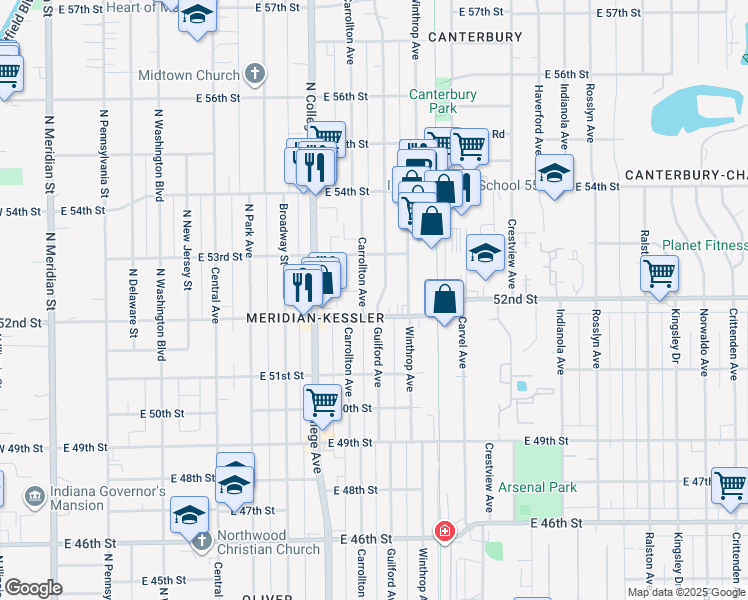 map of restaurants, bars, coffee shops, grocery stores, and more near 5225 Carrollton Avenue in Indianapolis