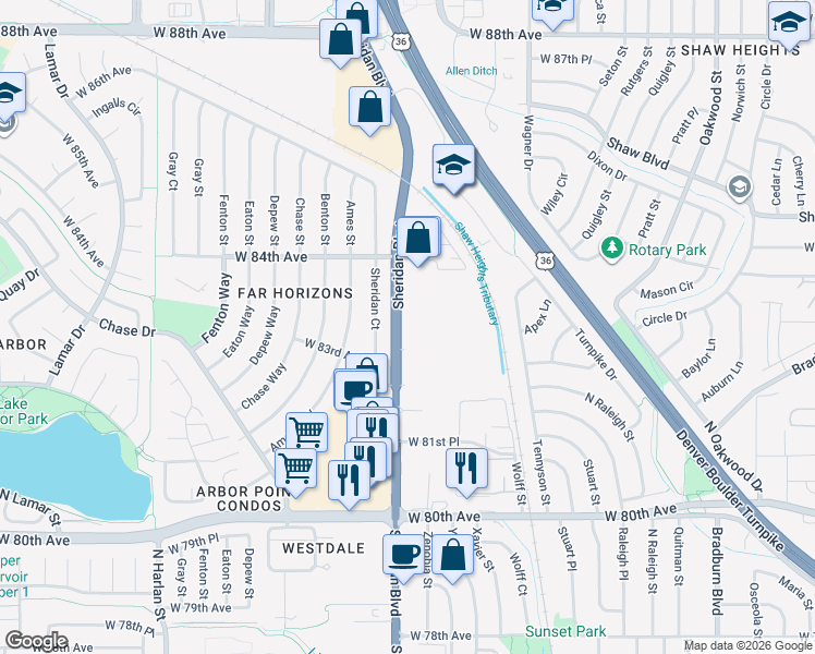 map of restaurants, bars, coffee shops, grocery stores, and more near 8300 North Sheridan Boulevard in Westminster