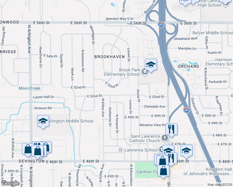 map of restaurants, bars, coffee shops, grocery stores, and more near 6644 52nd Street in Indianapolis
