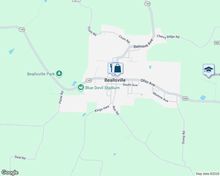 map of restaurants, bars, coffee shops, grocery stores, and more near 52721 Washington Street in Beallsville