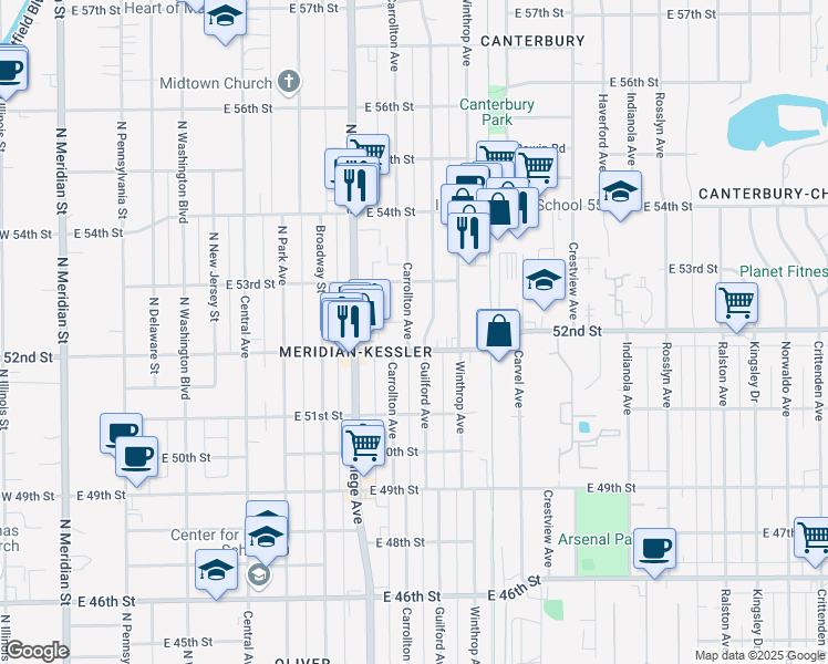 map of restaurants, bars, coffee shops, grocery stores, and more near 5225 Carrollton Avenue in Indianapolis