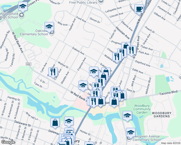 map of restaurants, bars, coffee shops, grocery stores, and more near 104 Chestnut Street in Woodbury