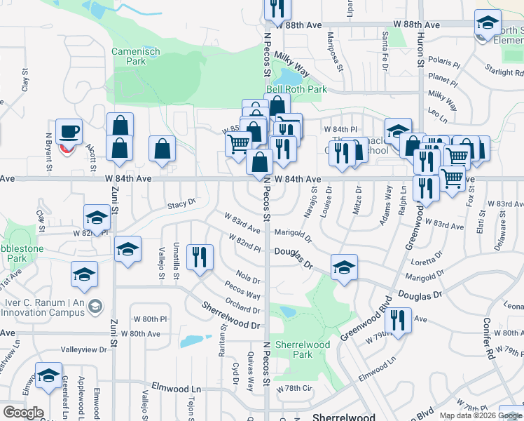 map of restaurants, bars, coffee shops, grocery stores, and more near 8306 Katherine Way in Denver