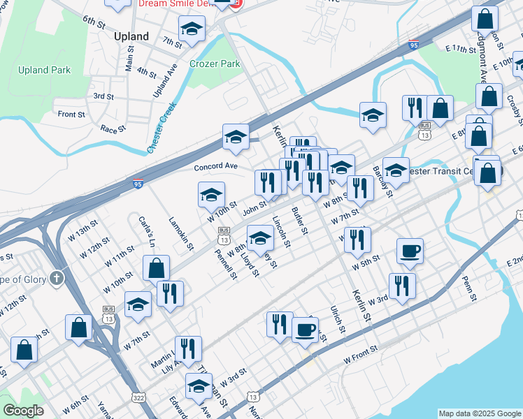 map of restaurants, bars, coffee shops, grocery stores, and more near 914 West 9th Street in Chester