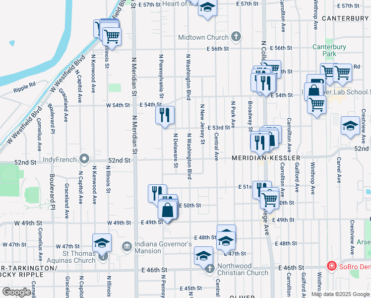 map of restaurants, bars, coffee shops, grocery stores, and more near 5222 North Washington Boulevard in Indianapolis