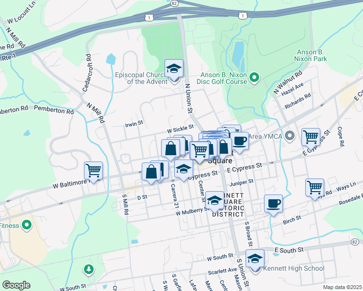 map of restaurants, bars, coffee shops, grocery stores, and more near 219 West Linden Street in Kennett Square
