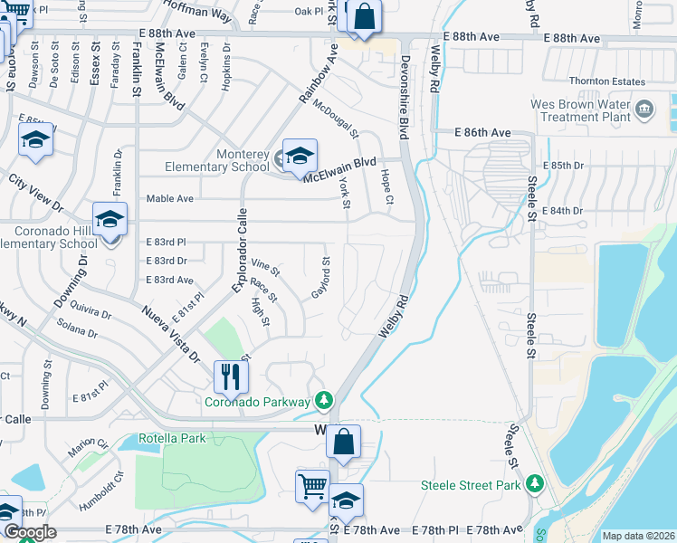 map of restaurants, bars, coffee shops, grocery stores, and more near 8315 Gaylord Street in Denver