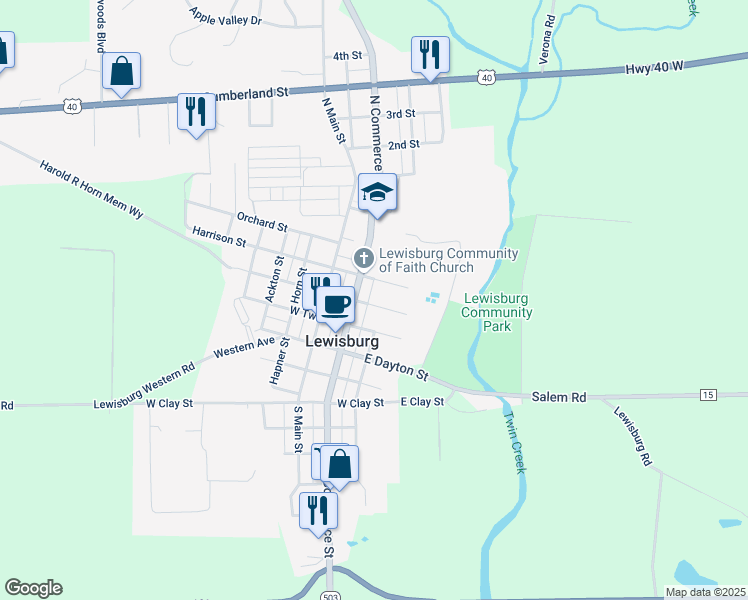map of restaurants, bars, coffee shops, grocery stores, and more near 110 North Water Street in Lewisburg