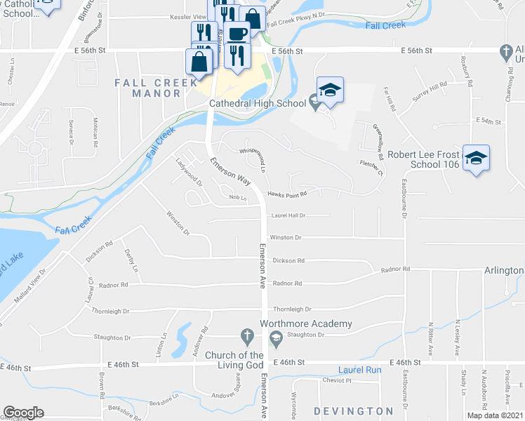 map of restaurants, bars, coffee shops, grocery stores, and more near 5140 N Emerson Ave in Indianapolis