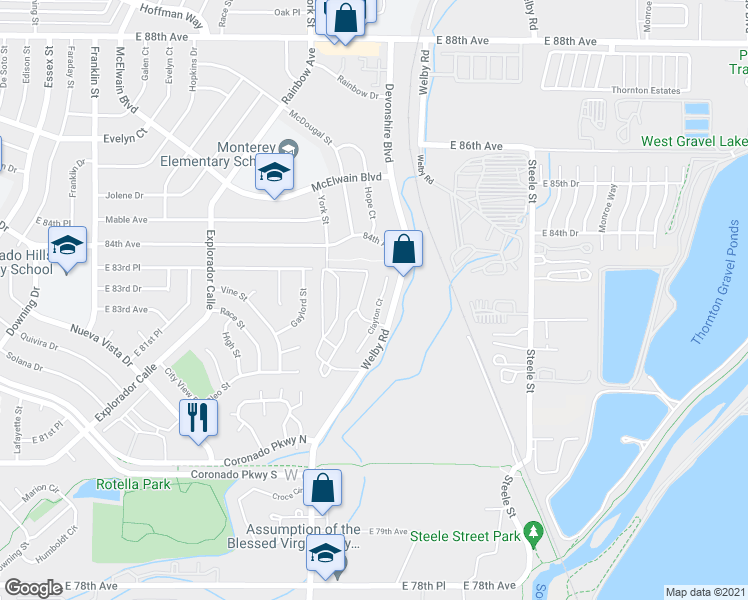 map of restaurants, bars, coffee shops, grocery stores, and more near 8331 Clayton Court in Thornton