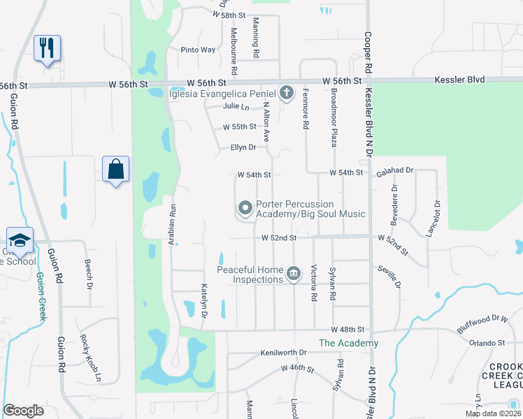 map of restaurants, bars, coffee shops, grocery stores, and more near 5251 Manning Road in Indianapolis