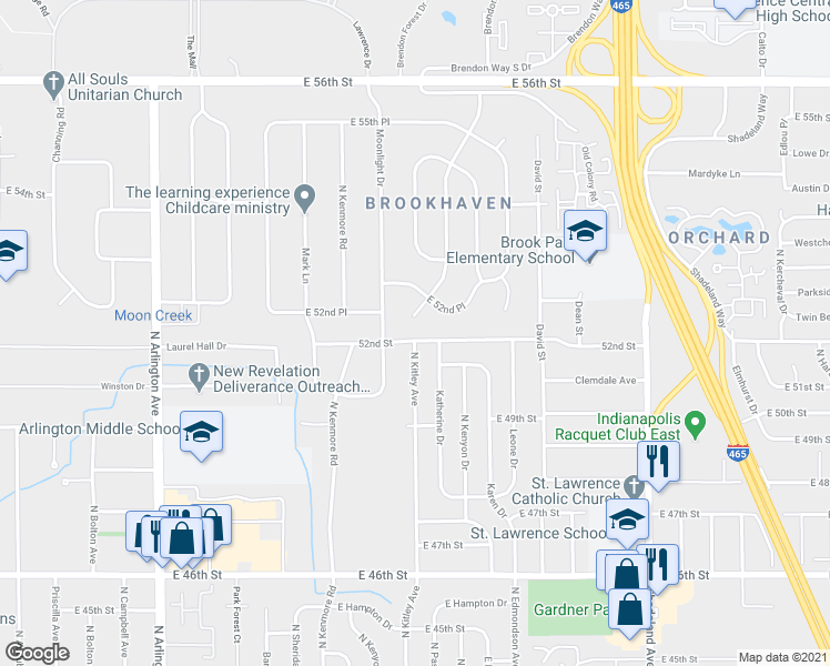 map of restaurants, bars, coffee shops, grocery stores, and more near 6602 East 52nd Street in Indianapolis