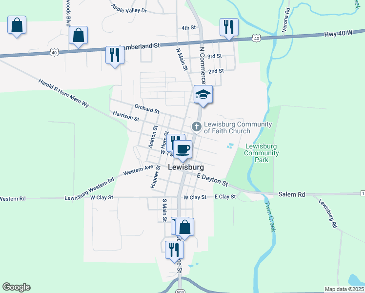 map of restaurants, bars, coffee shops, grocery stores, and more near 111 N Water St in Lewisburg