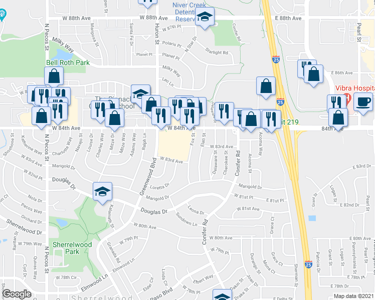 map of restaurants, bars, coffee shops, grocery stores, and more near 8325 Fox Street in Thornton
