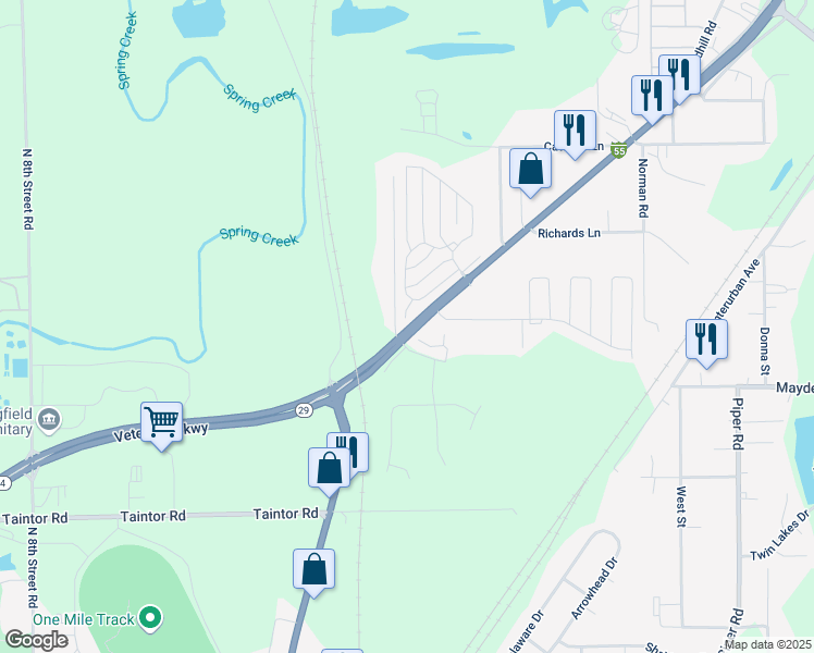 map of restaurants, bars, coffee shops, grocery stores, and more near 1 Bayberry Row in Springfield
