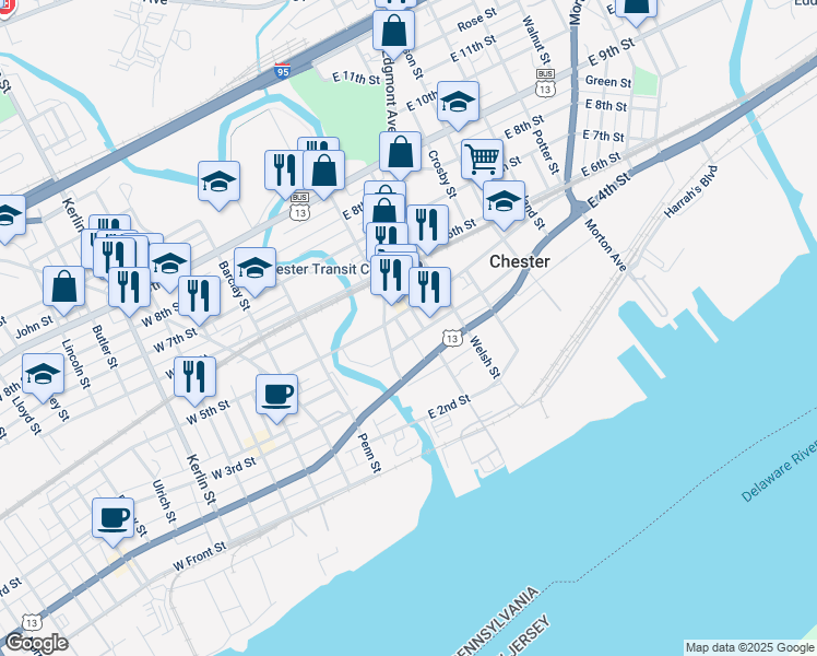 map of restaurants, bars, coffee shops, grocery stores, and more near 408 Avenue of the States in Chester