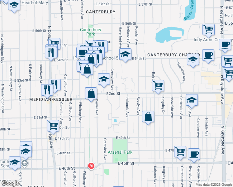 map of restaurants, bars, coffee shops, grocery stores, and more near 5200 Haverford Avenue in Indianapolis
